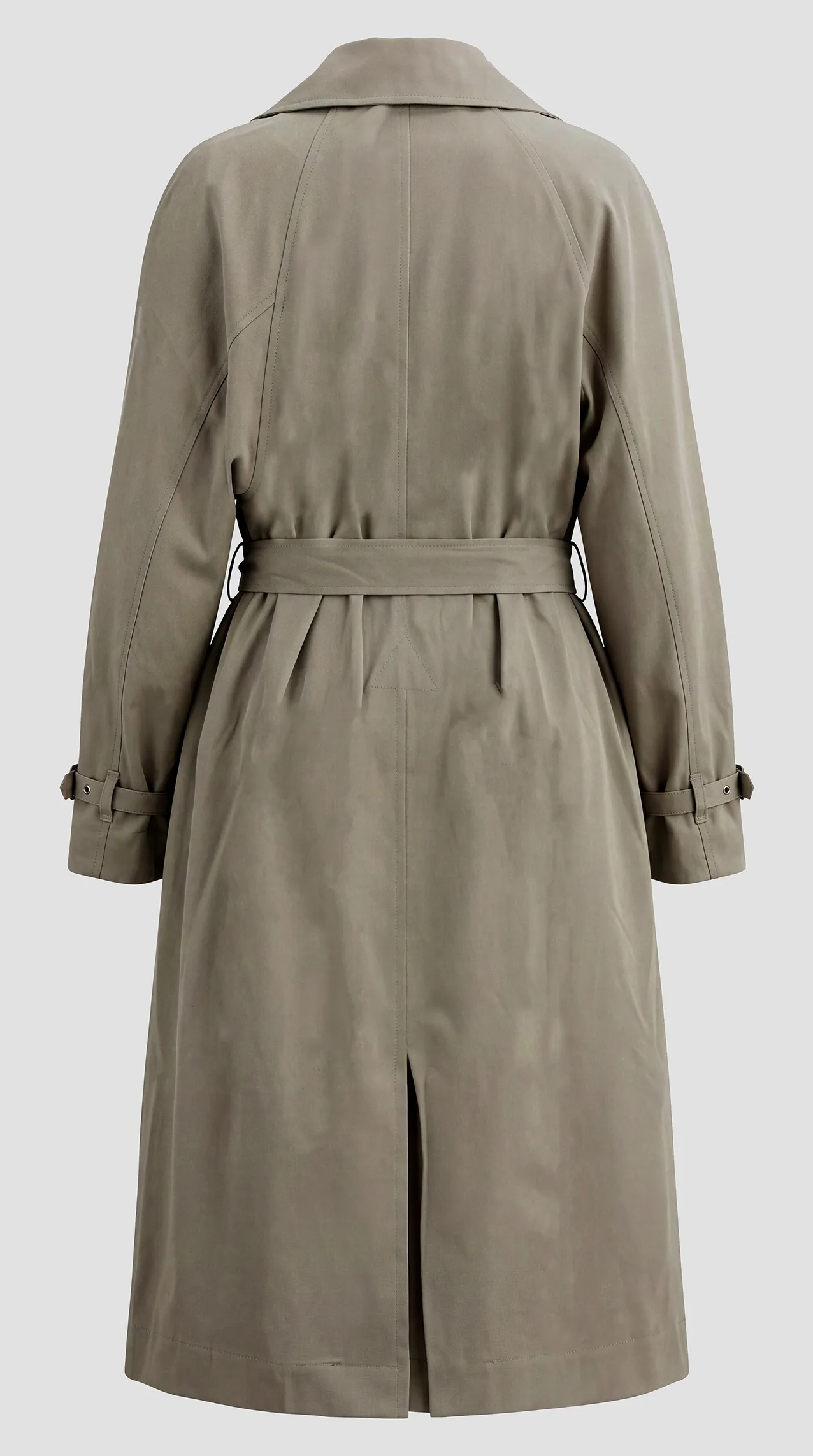 Women's trench coat in "Cherry Linen" fabric, featuring a fabric belt and sleeve straps.