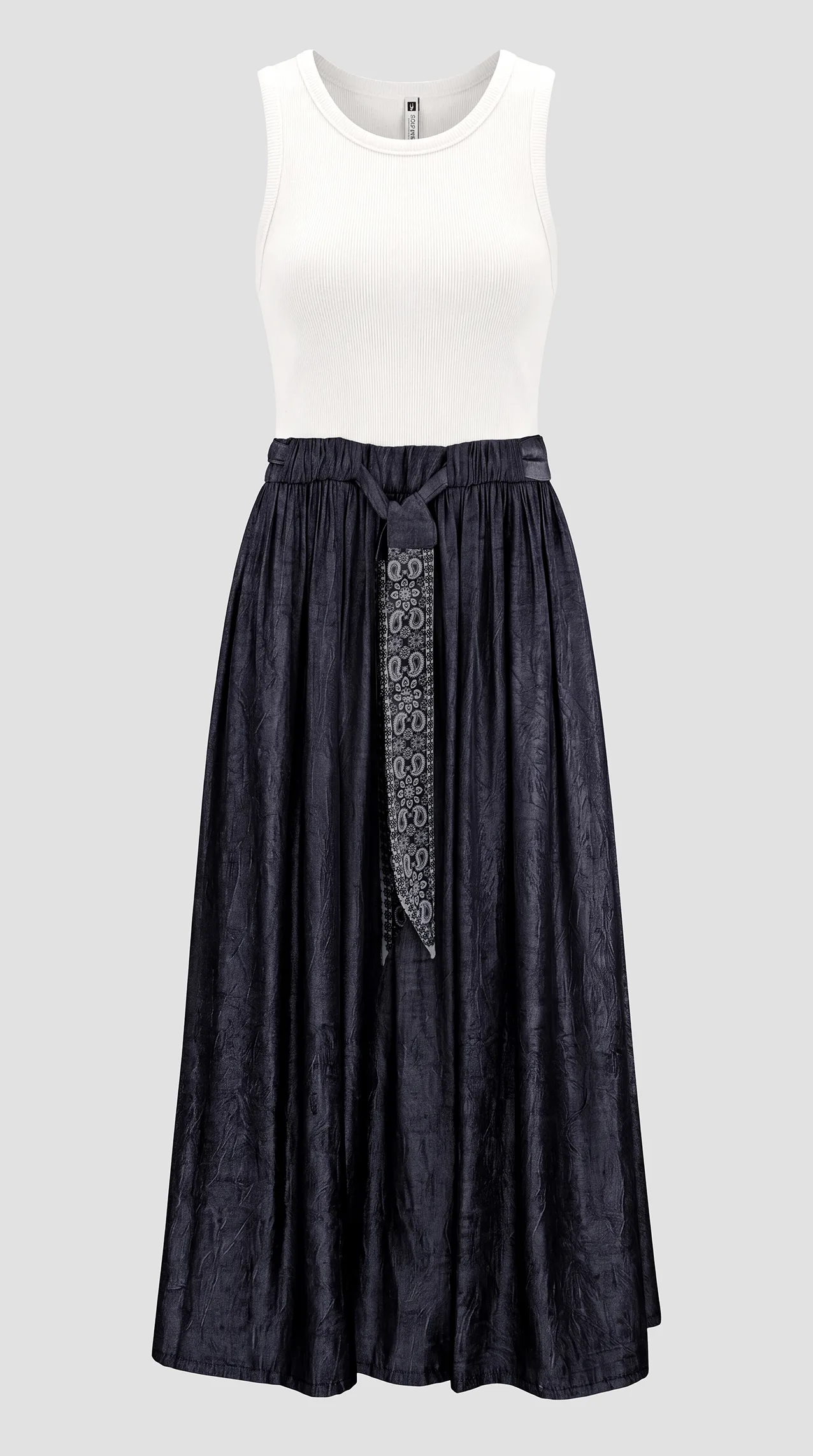 Women's dress featuring a Tencel blend and a printed, tie-waist sash.