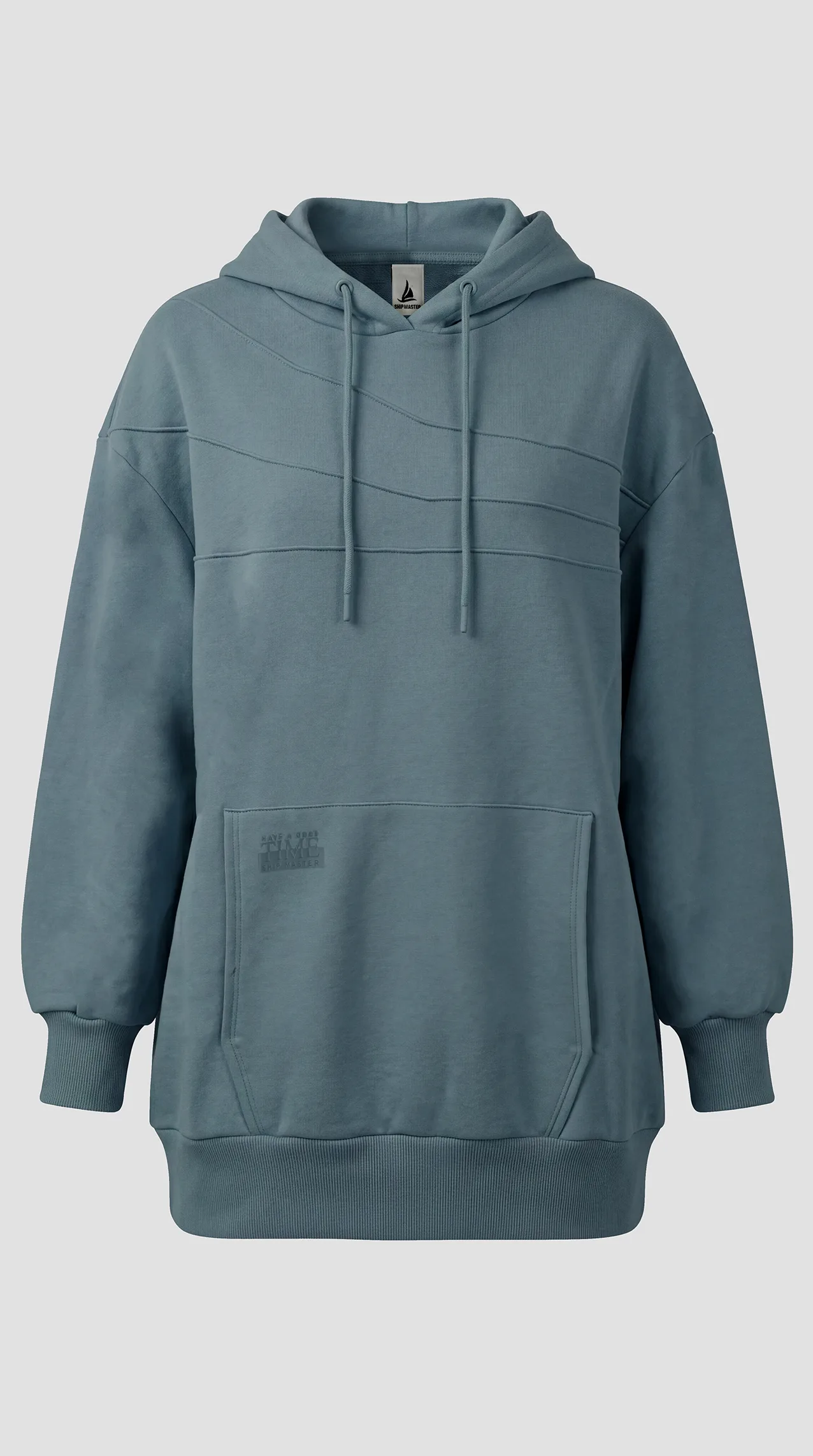 Women's fluffy fleece hoodie featuring a double front pocket and a raised print. — Blue