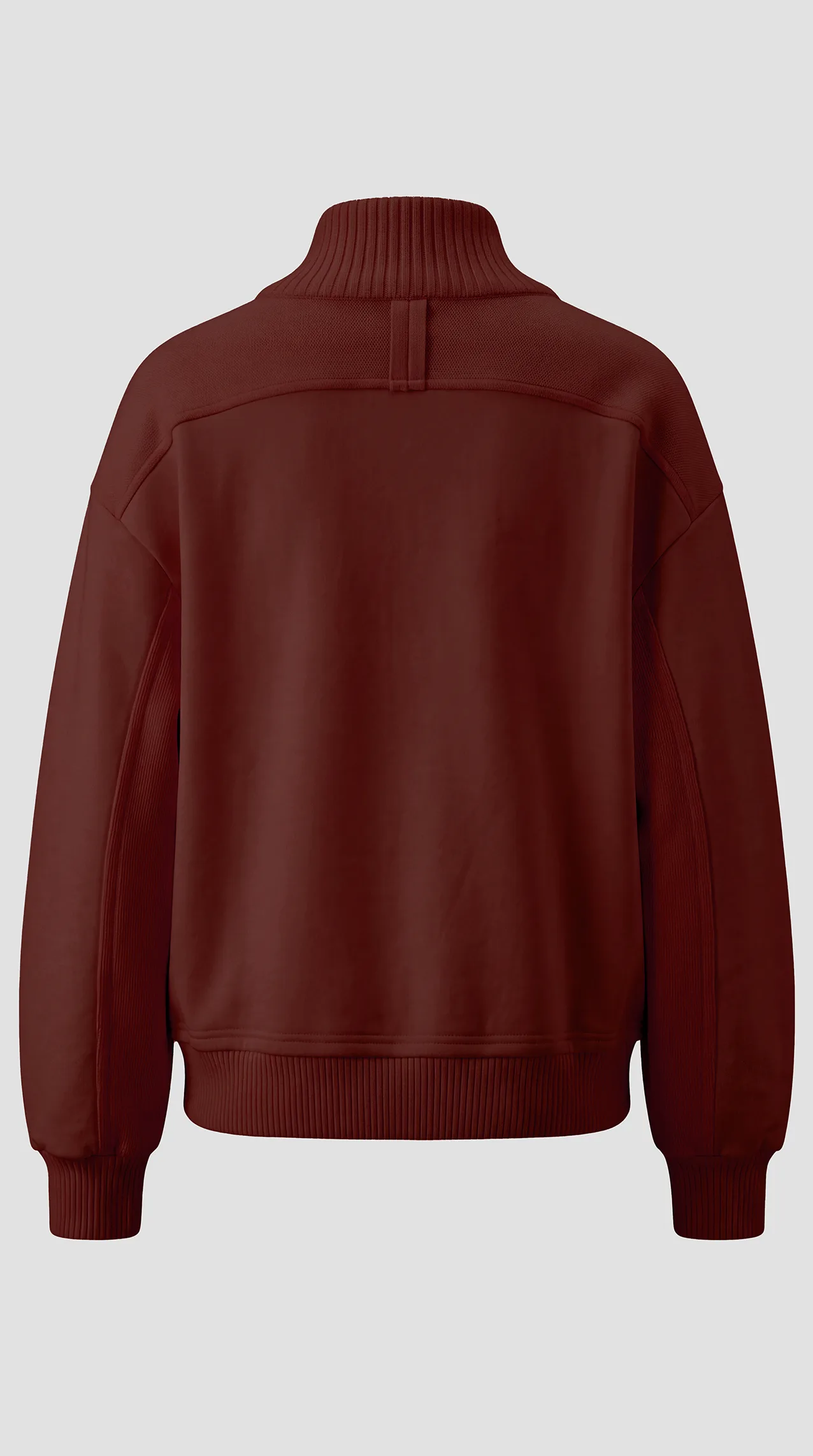 Women's fluffy fleece sweatshirt with a ribbed collar and zipper.