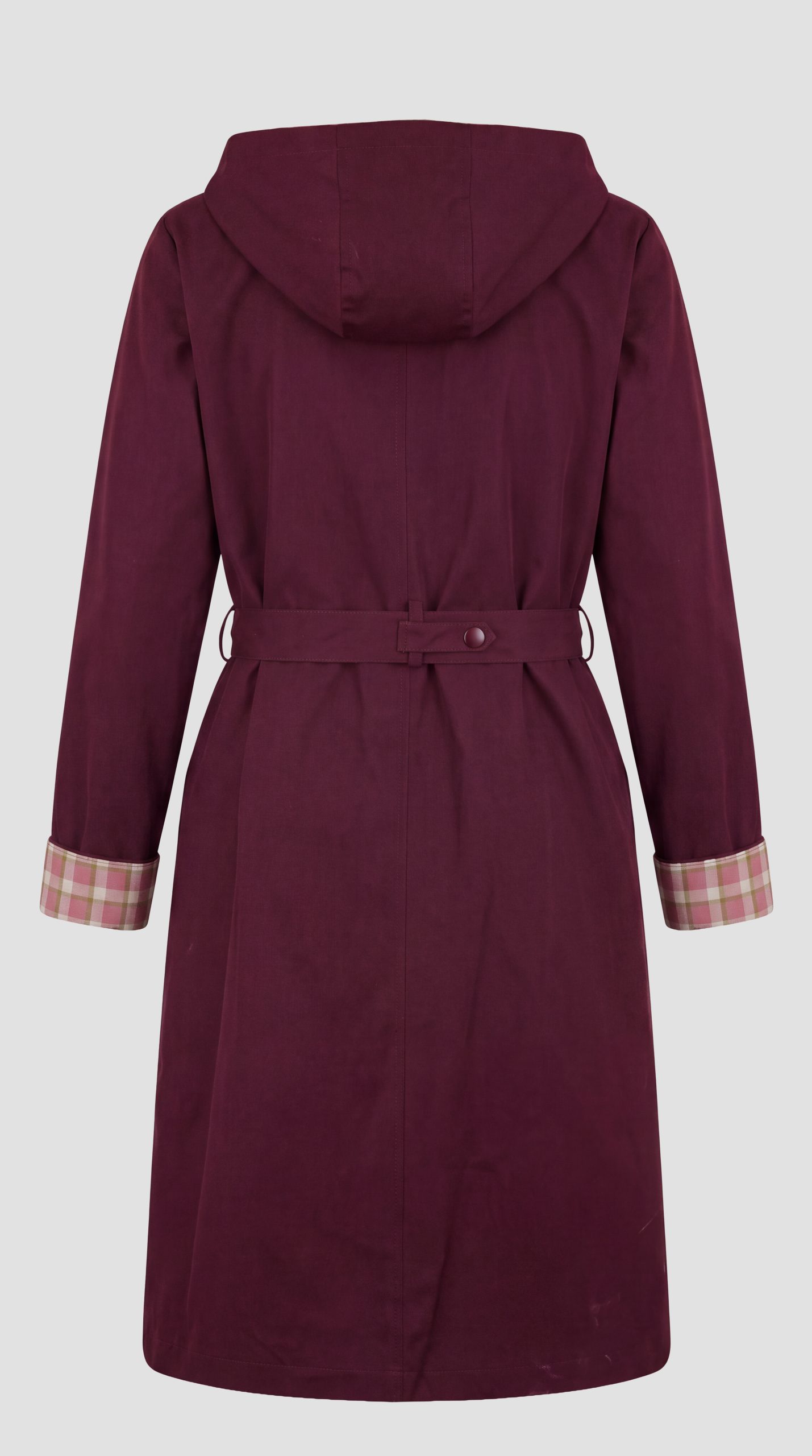 Women's autumn jacket in cherry-patterned linen fabric with a plaid lining.