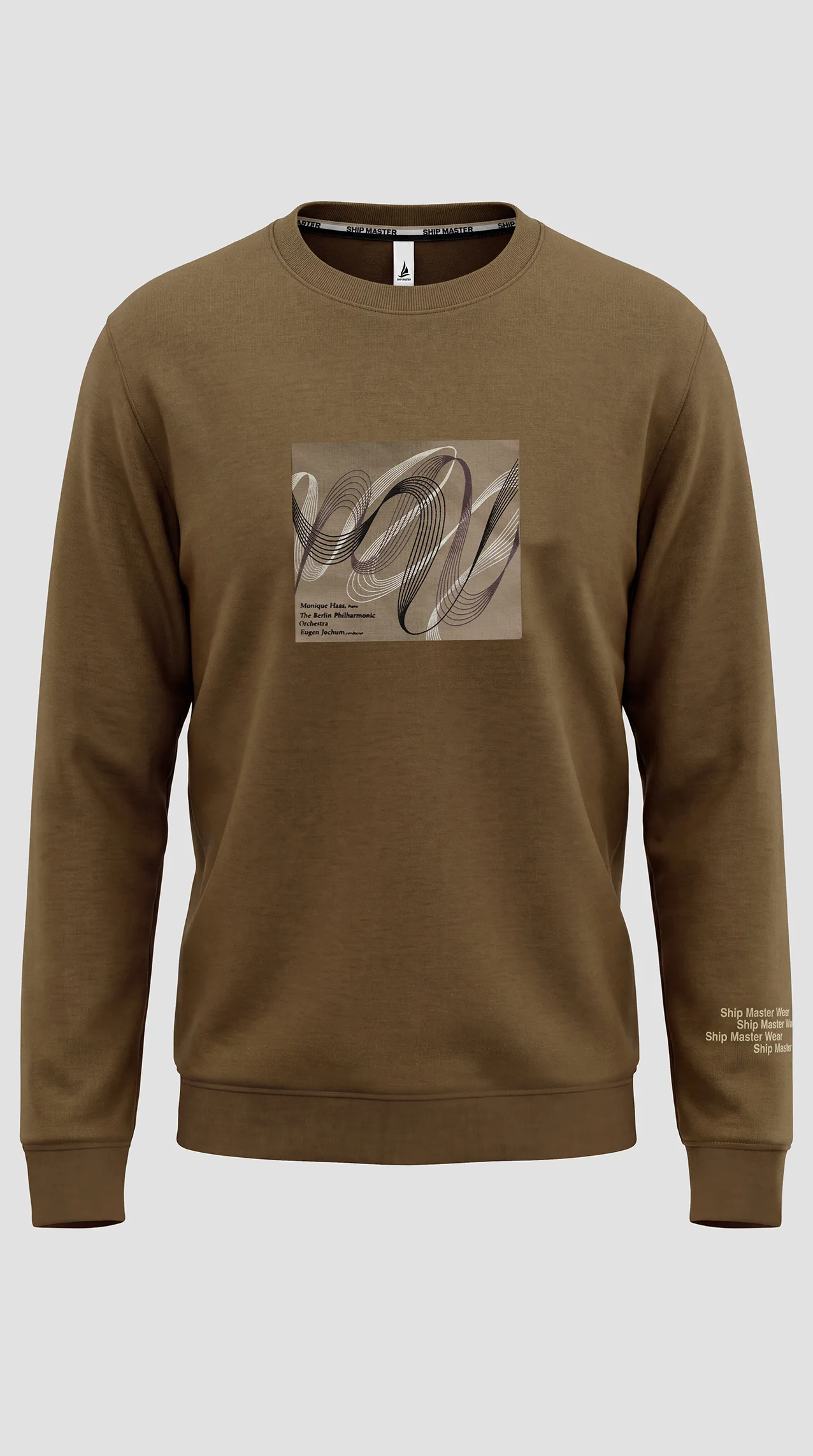 Men's interlock sweater featuring a hand-applied wave print on the chest and sleeve.
