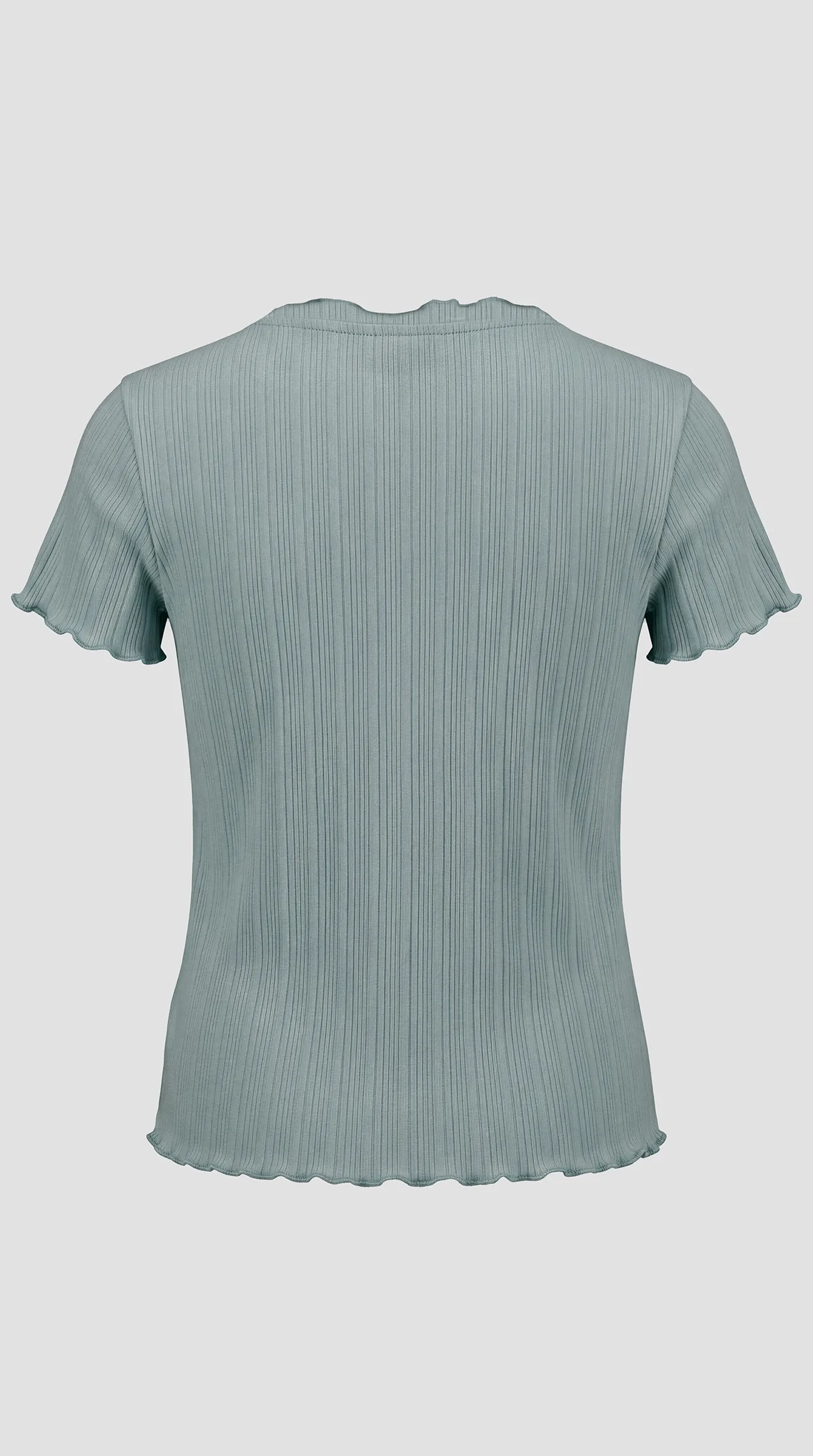 Women's ribbed jacquard cotton sweater with ruffled edges.