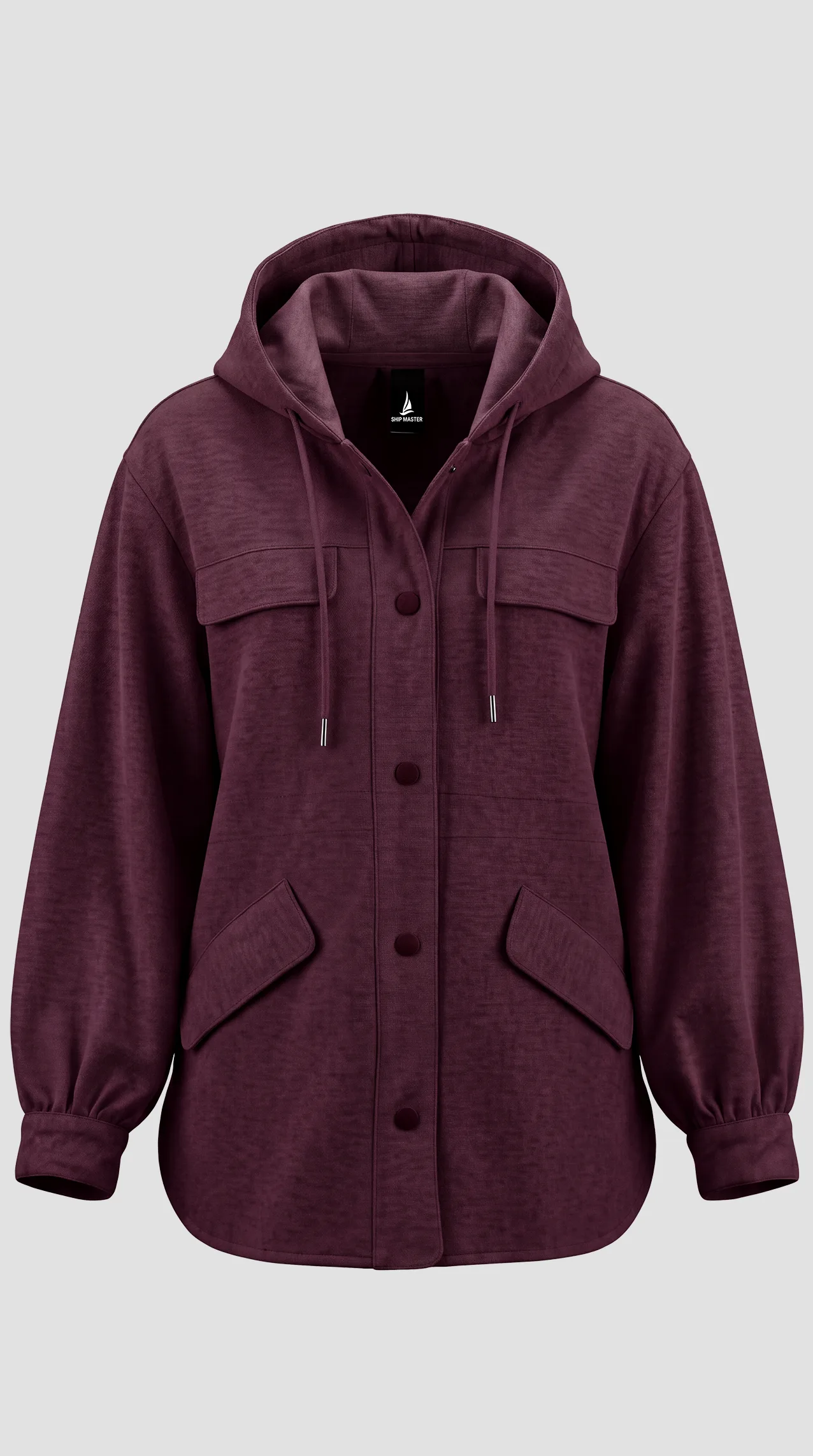 Women's soft felt casual hooded jacket with front snap buttons and pockets.