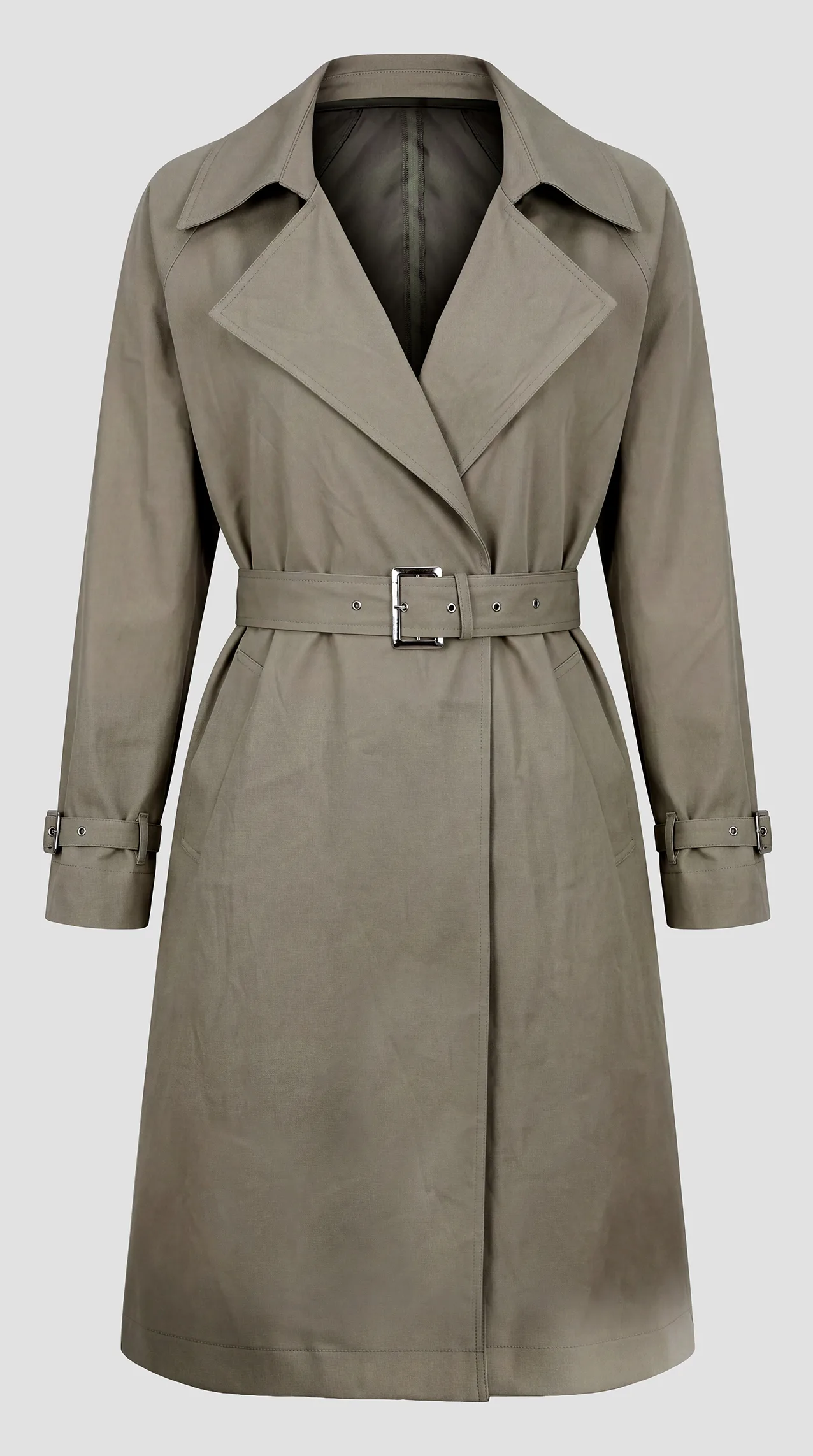 Women's trench coat in "Cherry Linen" fabric, featuring a fabric belt and sleeve straps.