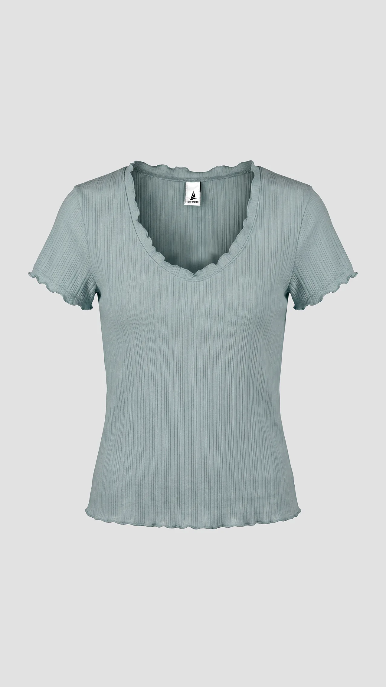 Women's ribbed jacquard cotton sweater with ruffled edges. — Cyan