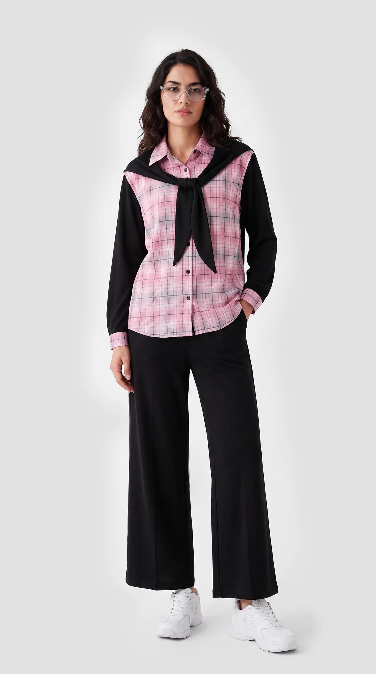 Women's interlock pajama set featuring a plaid-patterned bodice and an integrated scarf.