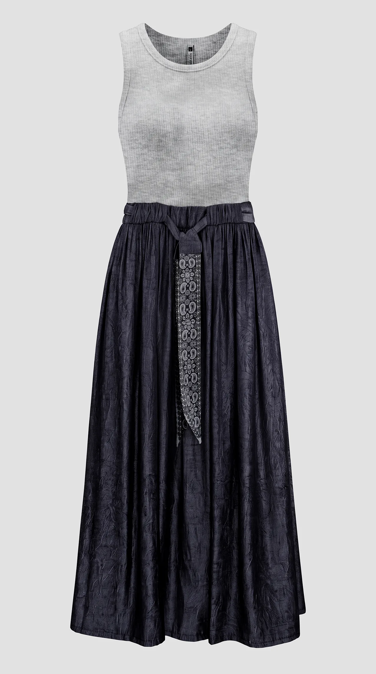 Women's dress featuring a Tencel blend and a printed, tie-waist sash.