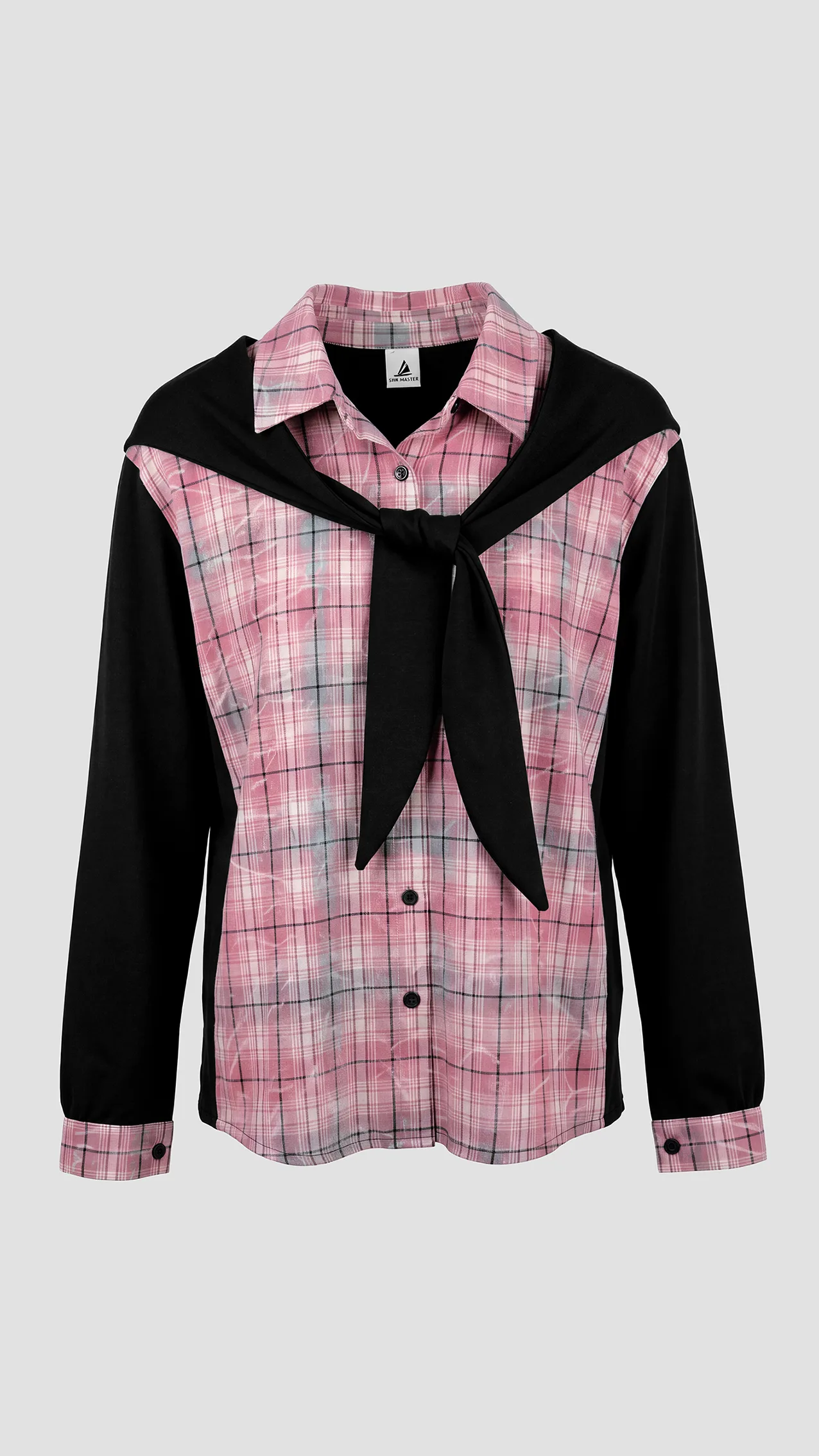 Women's interlock pajama set featuring a plaid-patterned bodice and an integrated scarf. — Black