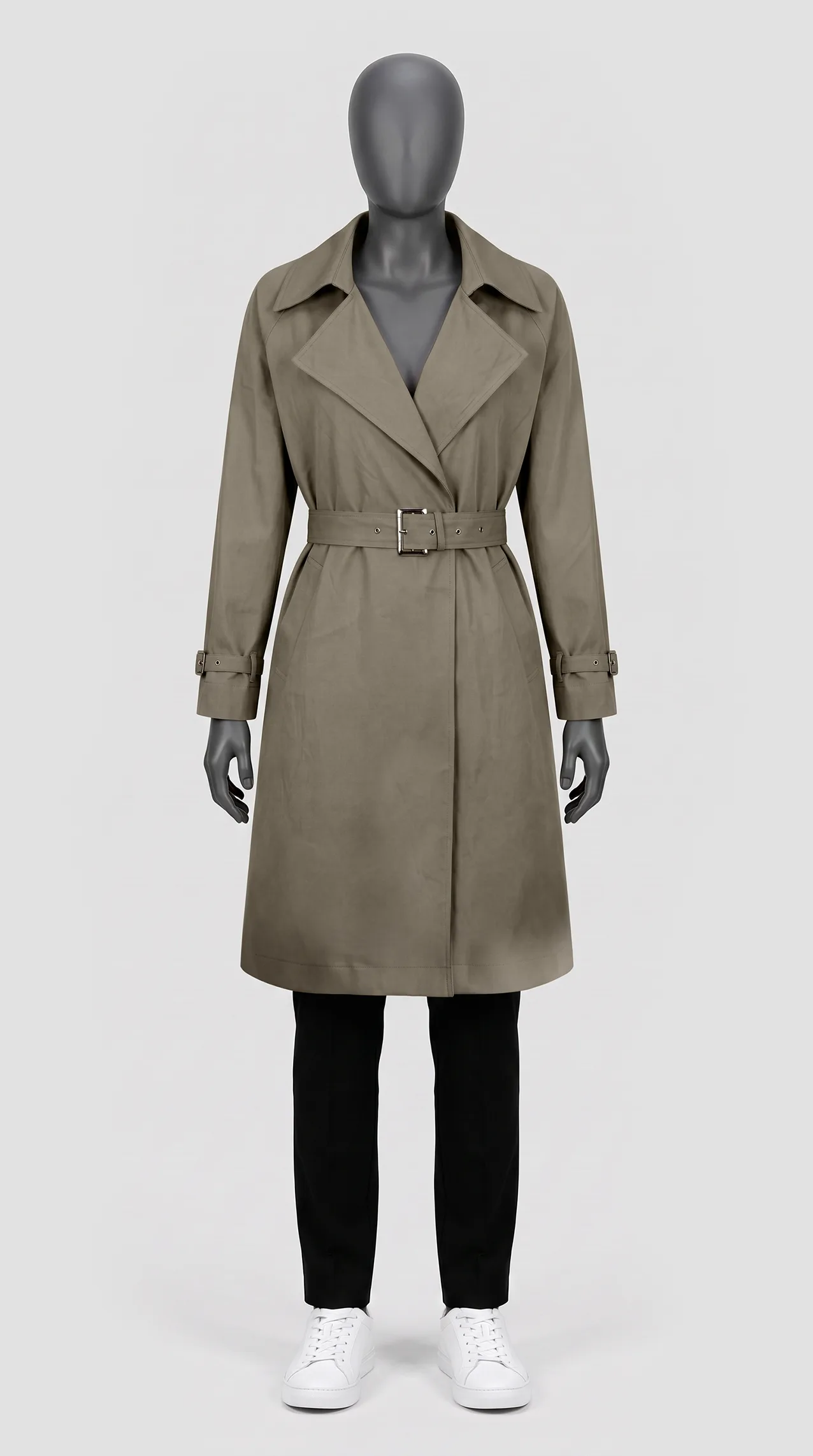 Women's trench coat in "Cherry Linen" fabric, featuring a fabric belt and sleeve straps.