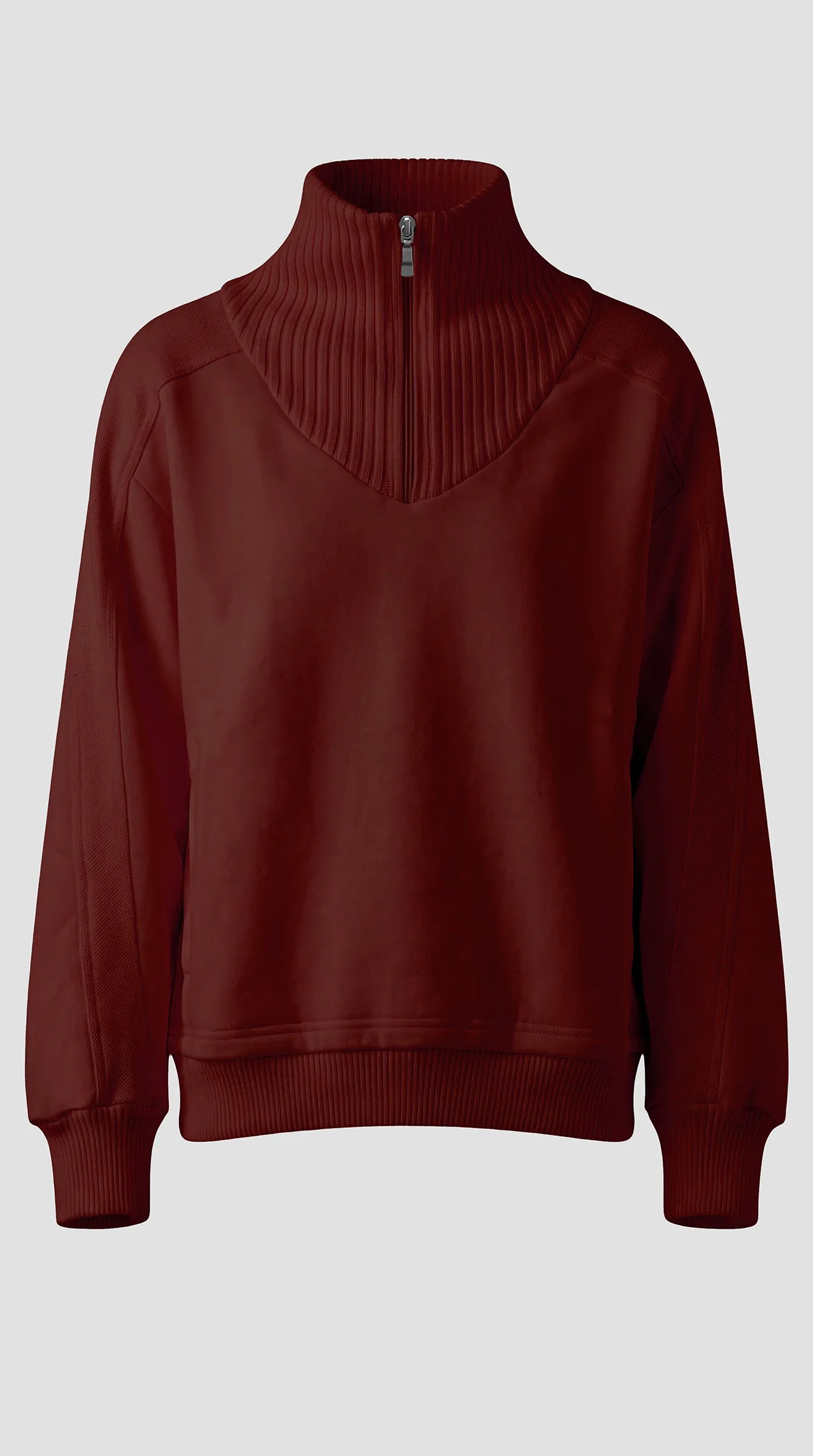 Women's fluffy fleece sweatshirt with a ribbed collar and zipper. — بوردو