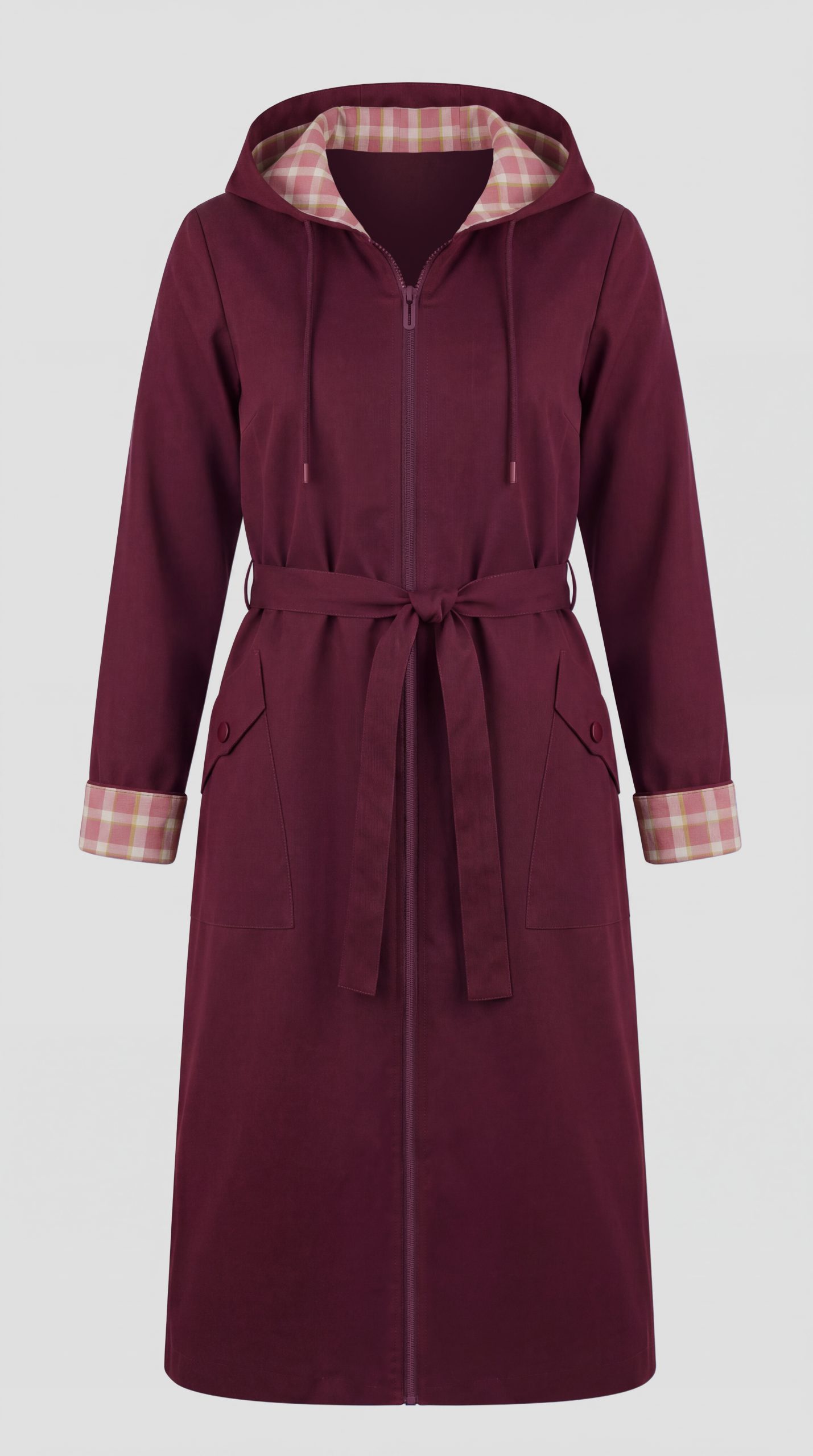 Women's autumn jacket in cherry-patterned linen fabric with a plaid lining. — خمري