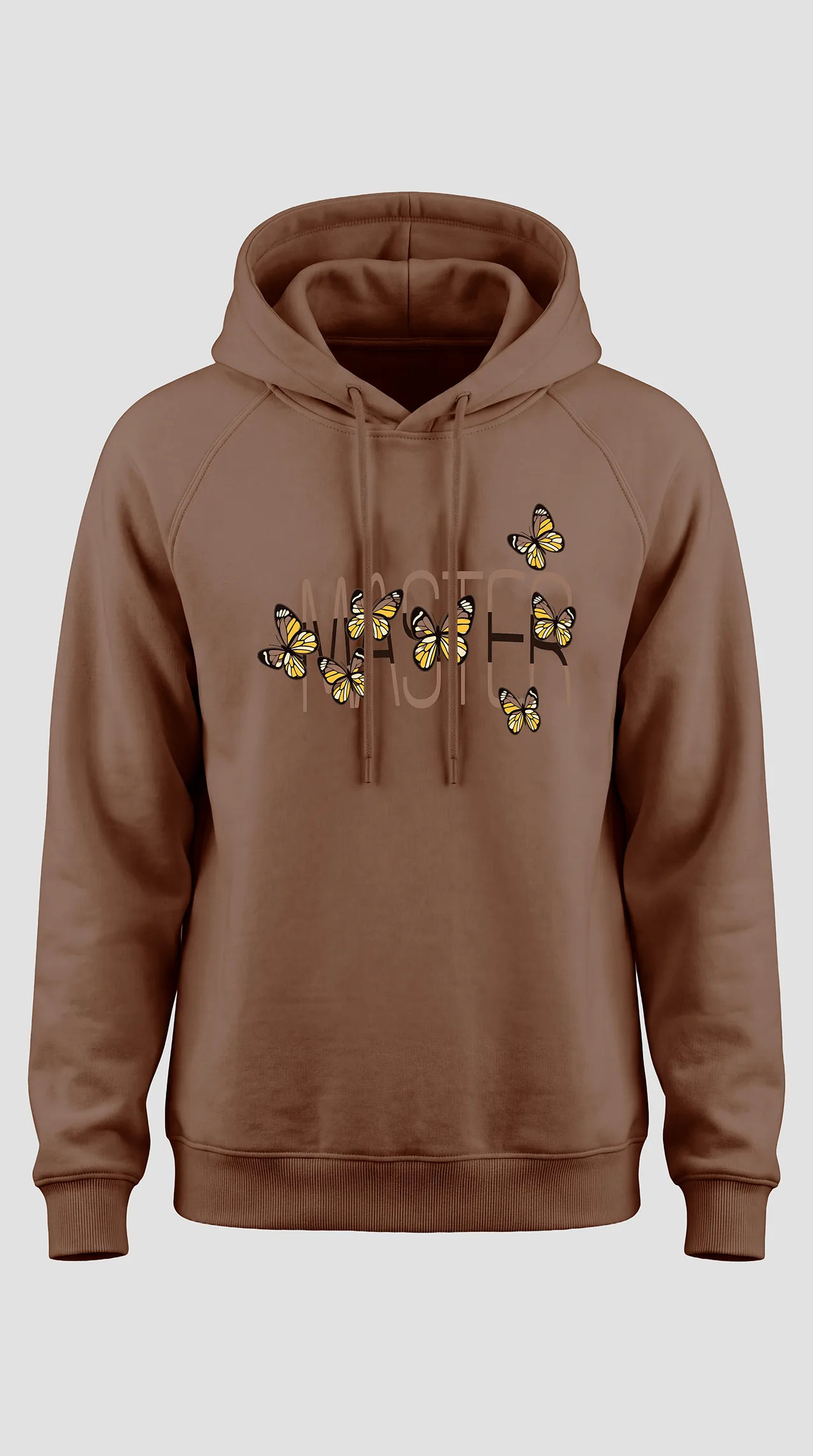 Women's fleece hoodie with a hand-printed "MASTER Fly" design on the chest.