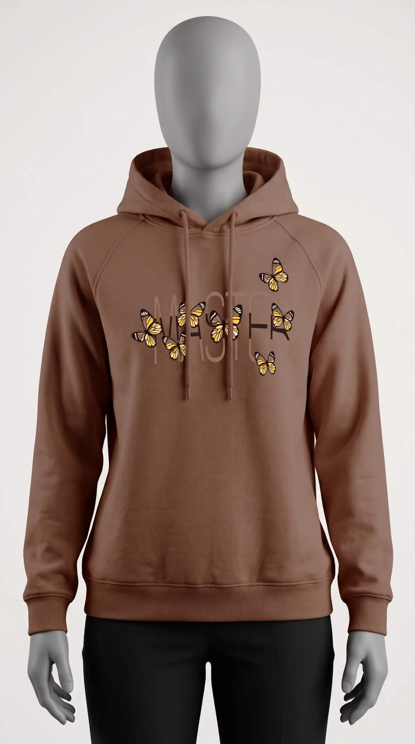Women's fleece hoodie with a hand-printed "MASTER Fly" design on the chest.